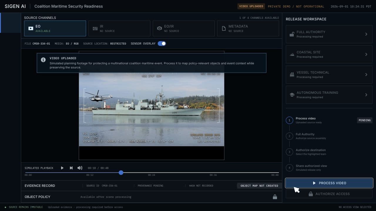 Sigen AI maritime demonstration showing vessel activity and information controls.